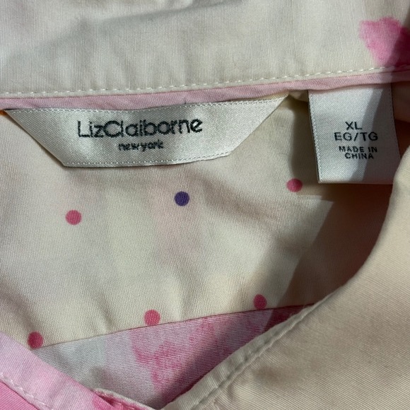 Liz Claiborne Floral Button Up Shirt XL Pink White Cotton Blend Casual Top Work - Picture 7 of 12